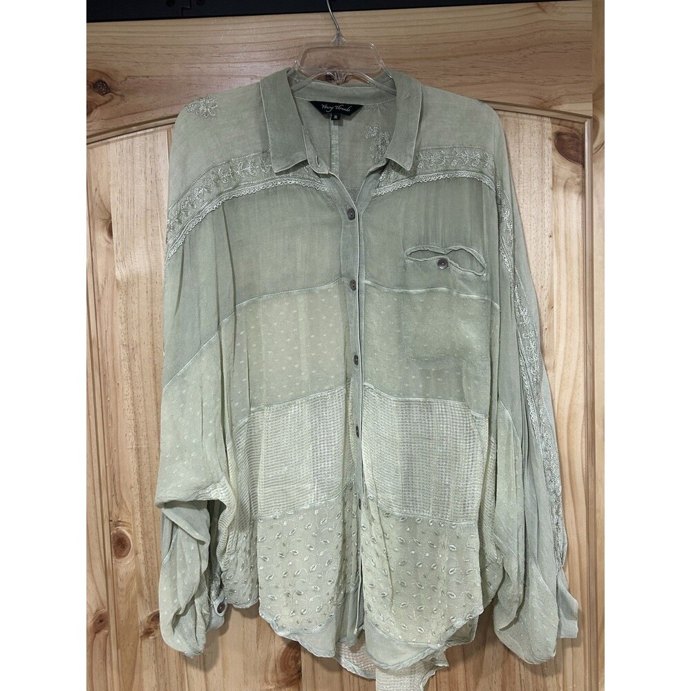 Young Threads Boho Patchwork Tunic 100% Viscose Light Green Bell Sleeves Size XL